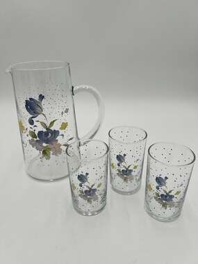 Vintage Libbey Peony Glass Pitcher 40 Oz + 3 Juice Glasses Blue Floral Set